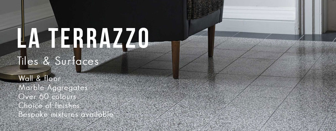 terrazzo tiles, cement with marble aggregates in a living room setting.